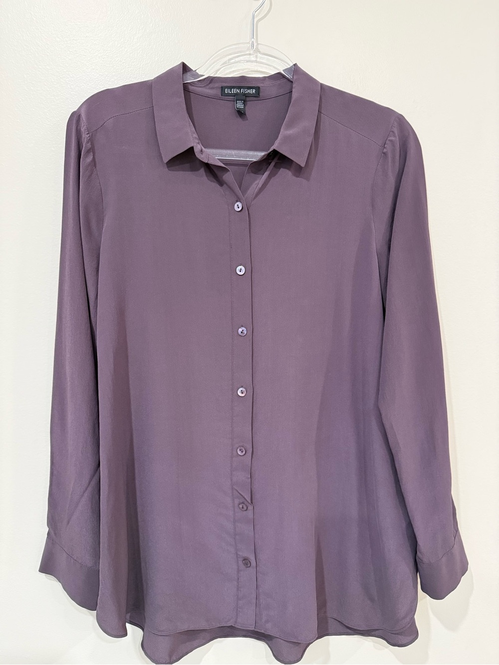 Eileen Fisher Silk Georgette Crepe Classic Collar Blouse Mauve Purple Eggplant